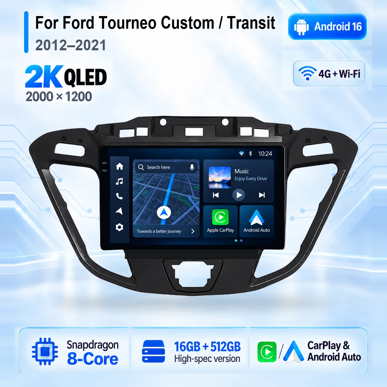 Android 16 Carplay Auto 2K Screen Car Radio Multimedia Player For Ford Tourneo Custom 1 I Transit 2012 - 2021 Autoradio Stereo