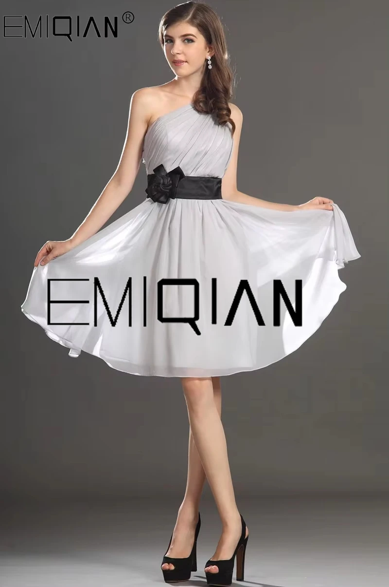 

One shoulder Grey Chiffon Cocktail Dress with Black Sash Short Prom Party Dresses