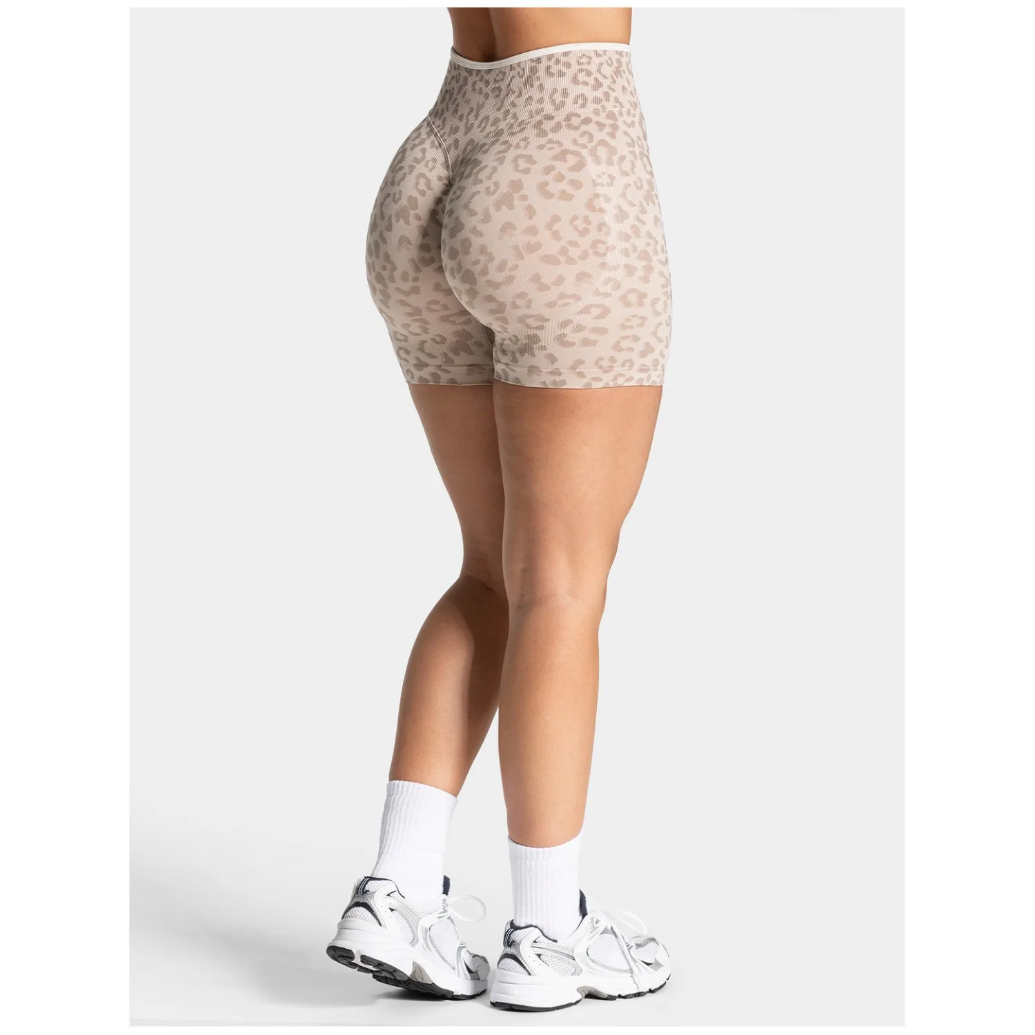 Sommer Damen Nahtlose Sportshorts mit Leopardenmuster Weißer Rand Kontrastierende Hochtaillierte Leggings Gym Yoga Übungs-Sportshorts – Detail 6