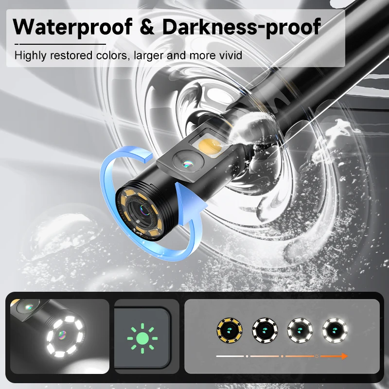 360 °   Câmera endoscópica industrial com rotação automática HD1080P, tela IPS de 7 polegadas, design removível com lente dupla e tripla de 9,5 mm IP67