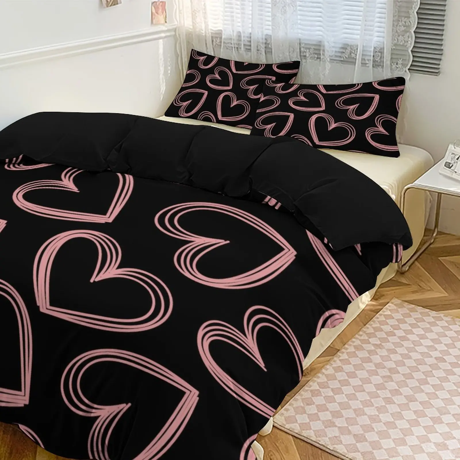 طقم سرير أسود سميك، قماش صديق للبشرة، غطاء لحاف + 2 كيس وسادة