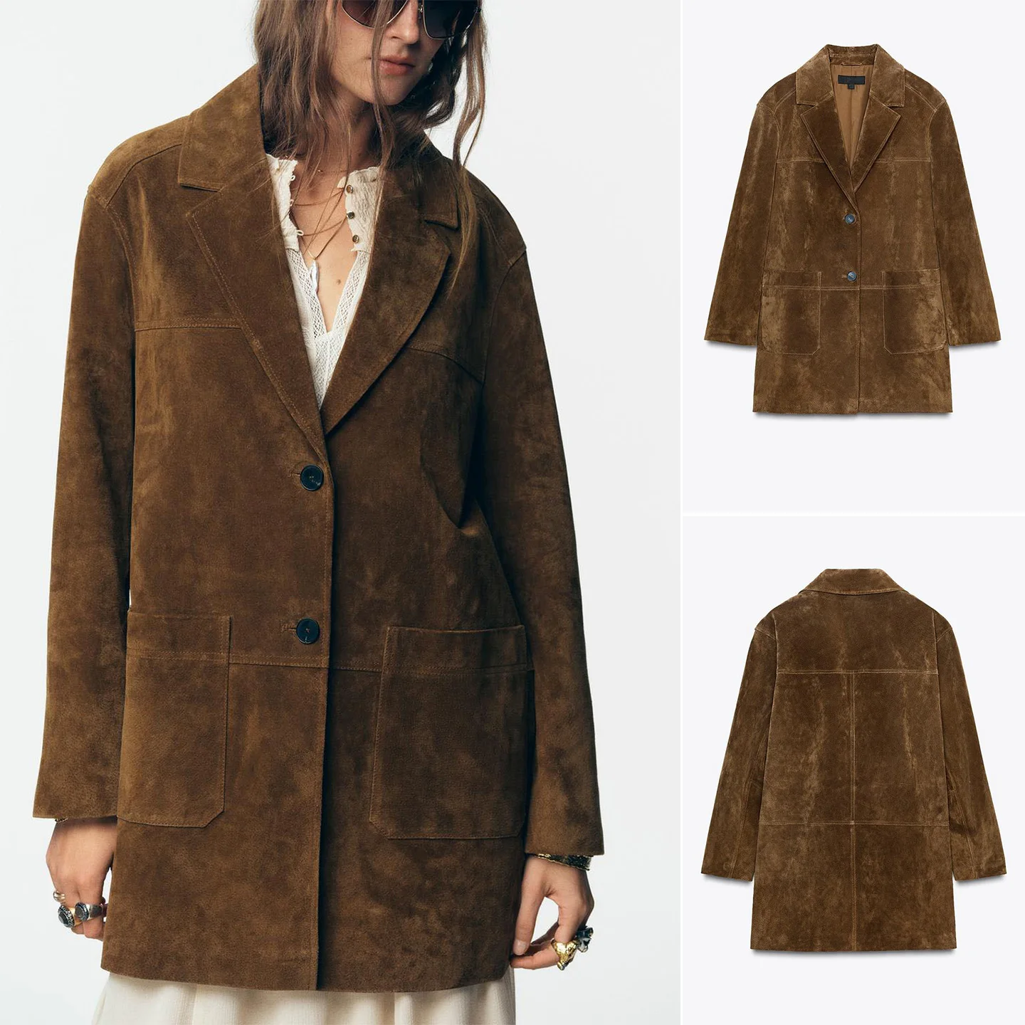 

Retro Lazy Sle Suede Long Jaet Autumn New Arrival Versatile Women's Suit Casual Faion Polyester Fiber Medium Length