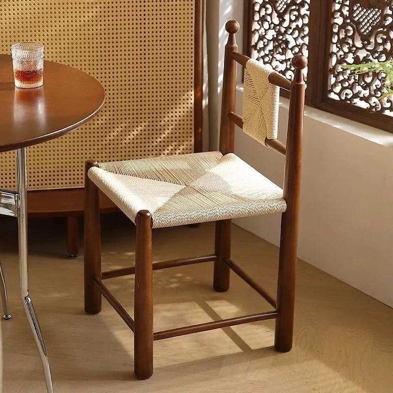 MOMO Sedia da pranzo in rattan antico in legno massello Sedia in rattan retrò per erba Sedia semplice con schienale in rattan per il tempo libero B&B Cafe