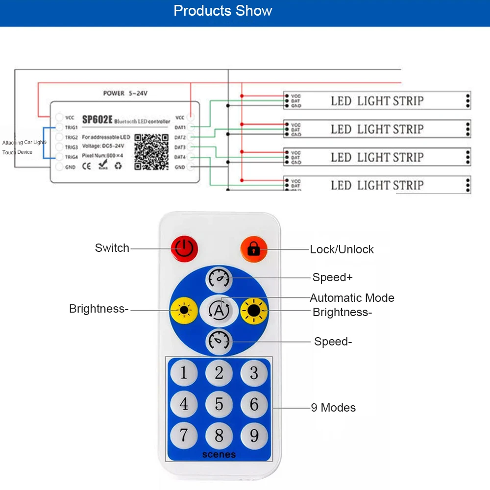 SP608E SP602E SP601E Controller DC 5V 12V 24V Smart Bluetooth Music Dimmer for WS2812B WS2811 Addressable Pixels RGB LED Strip