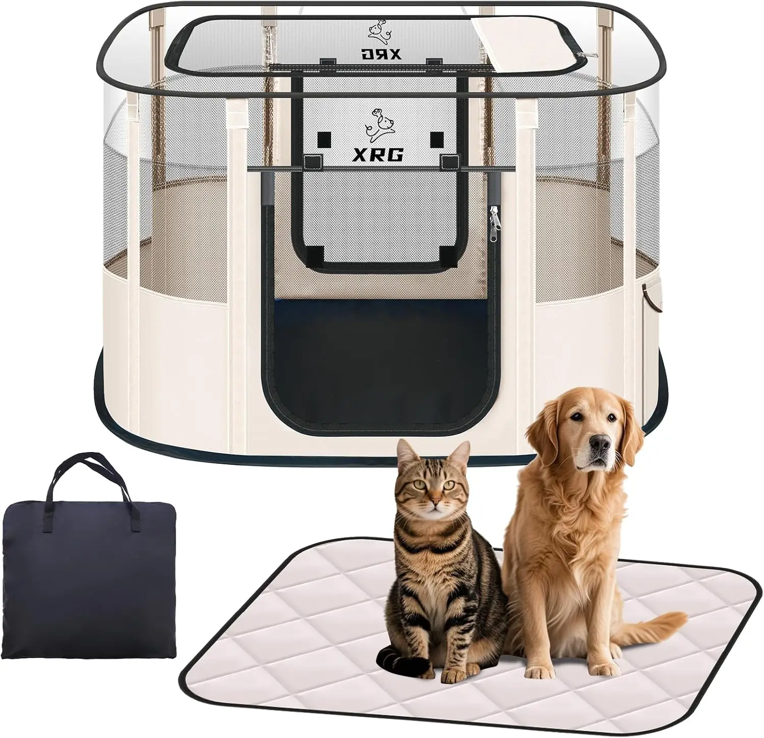 

Portable Dog Playpen with Waterproof Pad, Breathable Mesh Pet Crate for Indoor Outdoor Travel - Large Beige