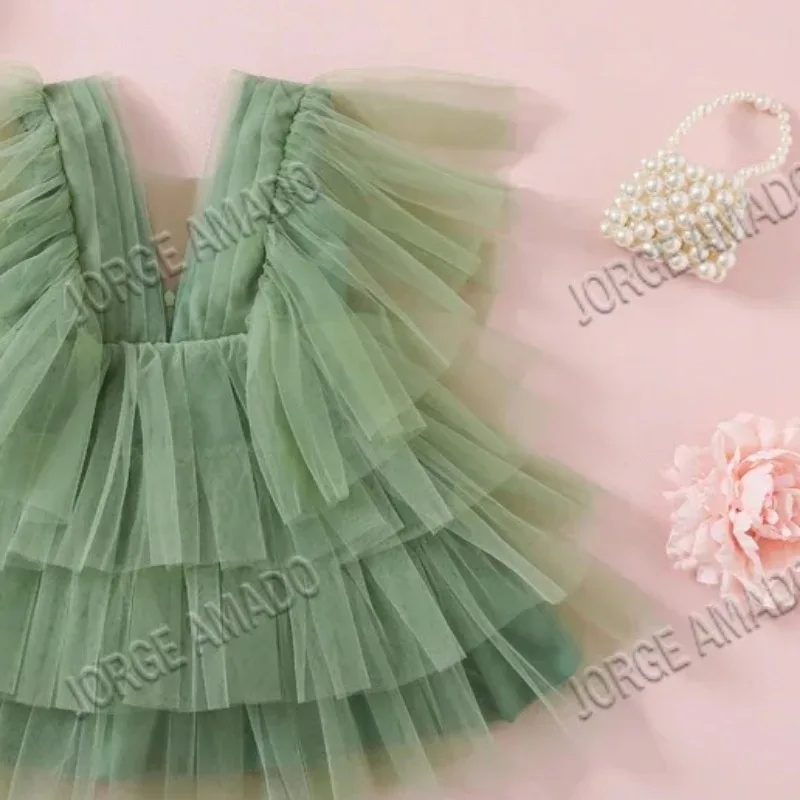 Summer Girl Party Dress V-neck Short Flare Sleeves 3-layer Yarn Knee Length Princess Dresses Formal Clothes E0408