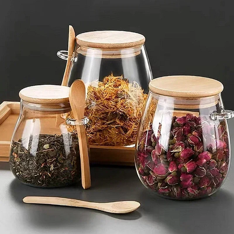 Latas para aperitivos, olla de vidrio para azúcar, tarro de vidrio sellado de calidad alimentaria para cocina, tarro de almacenamiento de condimentos en polvo de café, tarro de madera para miel con cuchara