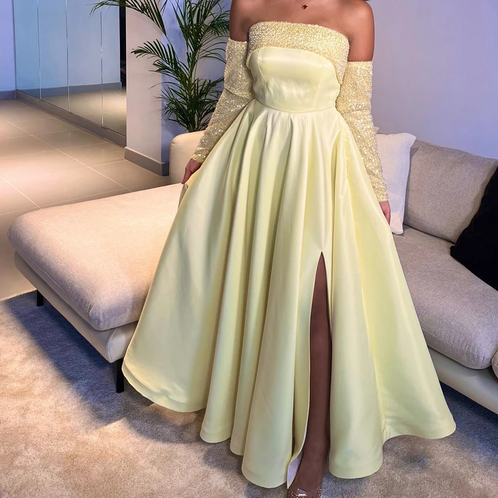 

Customized Satin A-Line Detachable Sleeve Sequined Evening Dress Strapless Floor Length Side Slit Panel Train Temperament