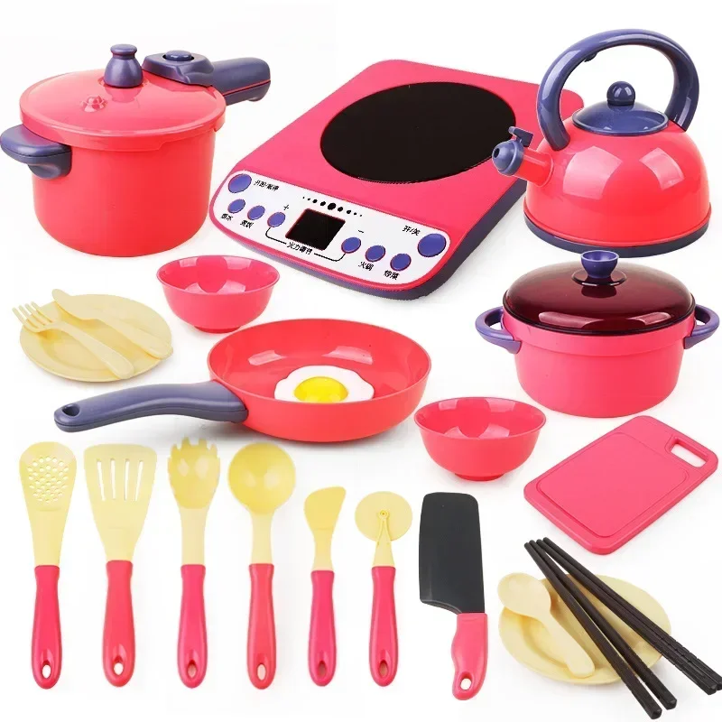 Maison de jeu, jouet, simulation de cuisine, cuisinière à Induction, bouilloires, effets sonores, ensemble de jeu lumineux LED, accessoires cadeaux de haute qualité