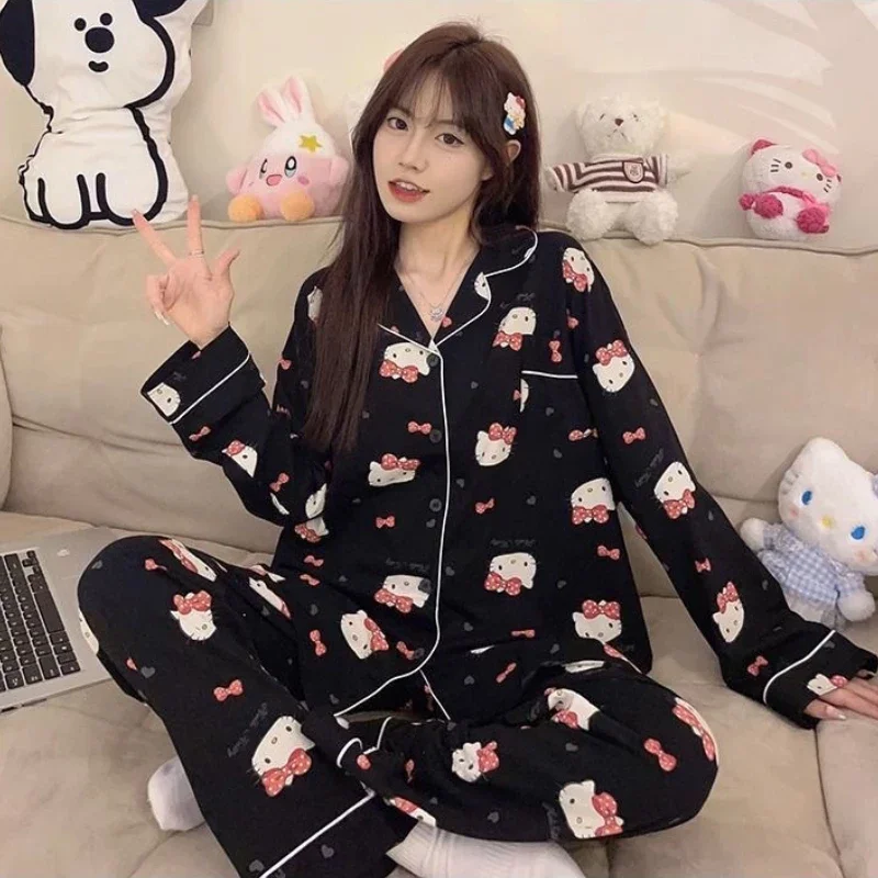 Pyjama imprimé Kawaii Sanurgente Hello Kitty pour femme, cardigan à revers chat KT, manches longues, pantalon, ensemble de vêtements d'intérieur 2 pièces, printemps, automne