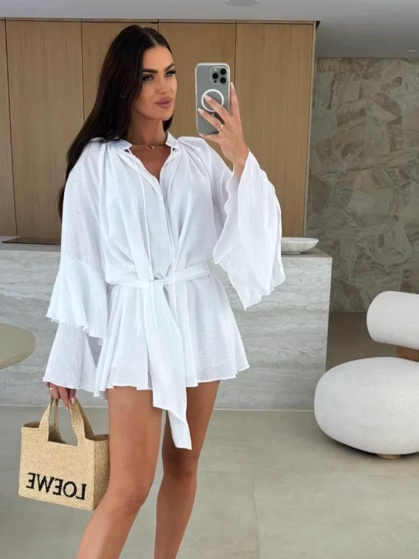 Pink V-ne Loose Long Sve Dr with Belt Autumn New Sle Faionable ort Skirt Commute Simple High Waist Polyester Fiber