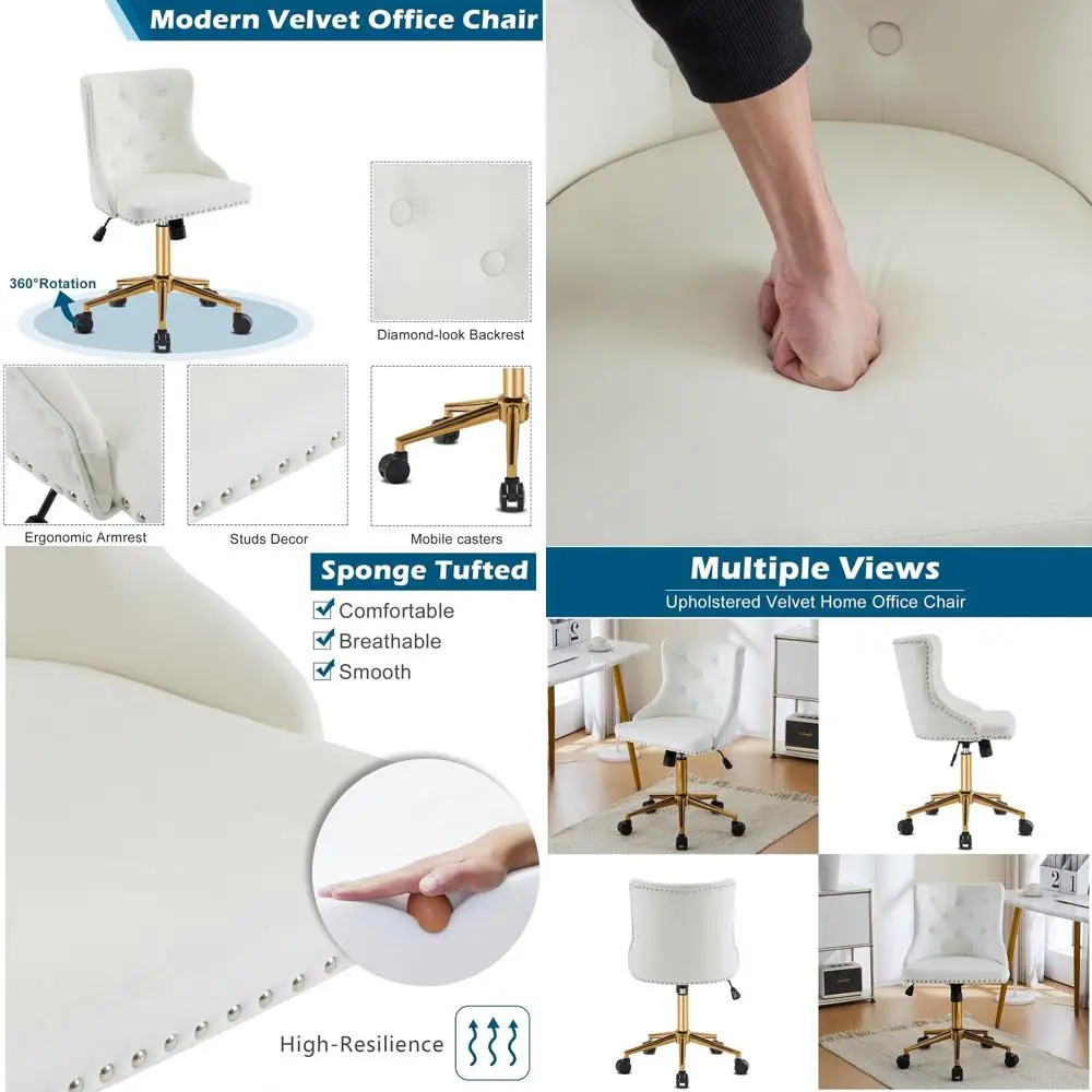 

Элегантное белое бархатное кресло без подлокотников с золотым основанием, компактное кресло для туалетного столика в спальню, мягкое вращающееся кресло для маникюра для женщин