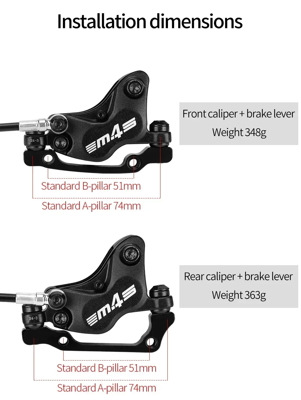 MEROCA M4S 4-Piston MTB Hydraulic Brakeset Split Brake Left rear and Right front Brake 850mm/1600mm For MTB Bike Disc Brake