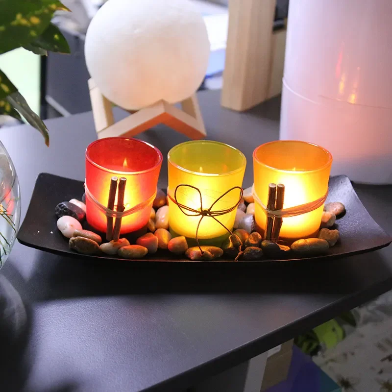 for Wood Glass Set Leaf Black Hollow Wax Table LED Electronic Candle Table Ornament Ins Style Wedding Home Decor