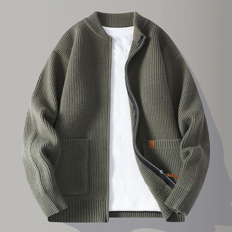 

Autumn Winter Youthful Vitality Knit Sweatercoat Men Stand Collar Loose Casual Knitted Cardigan Mens Chic Casual Sweater Jackets