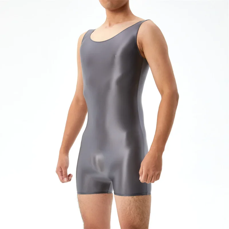 

Men Sexy Jumpsuit High Elastic Oil Shiny Silky Bodysuit Tight Sleeveless Seamless Transparent Skinny Romper Overalls Swimsuit
