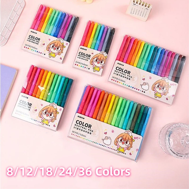 Kawaii Gel Pens 0.5mm Fine Point 8/12/18/24/36Pcs/Box Back To School Gift Office Supplies Quick Dry Push Color Ballpoint Pen Set