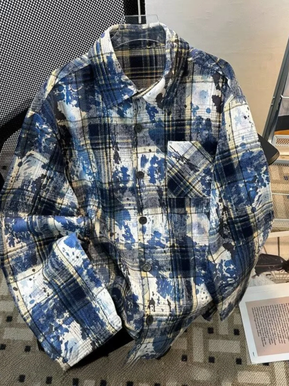 

Мужская винтажная свободная куртка в стиле американского кэжуал с эффектом тай-дай и клетчатым узором, весна-осень, трендовая брендовая верхняя одежда