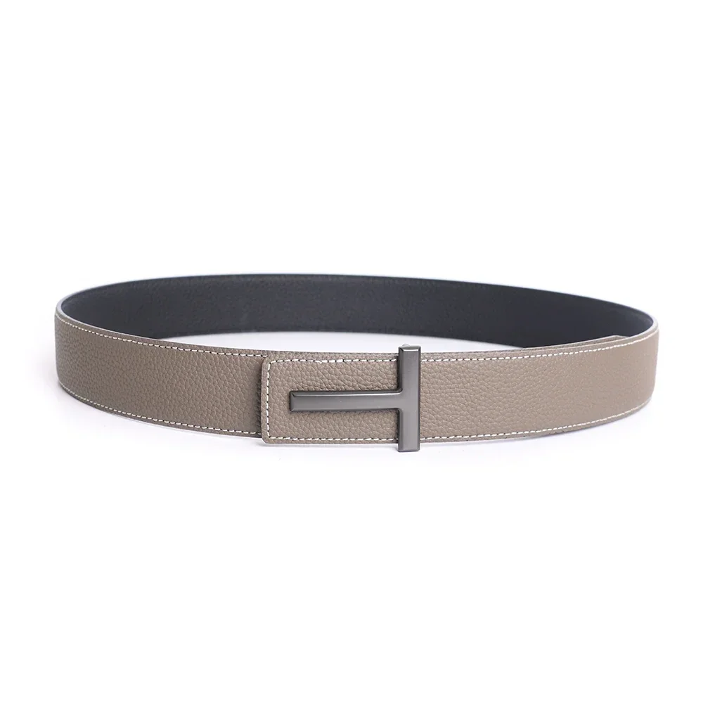 Top Grey Luxury Brand Designer T Buckle Belt Men High Quality Women Genuine Real Leather Dress Strap for Jeans Waistband