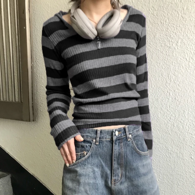 IAMHOTTY Korean Fashion Striped Knit Hooded Top Autumn Spring Long Sleeve T-shirts Vintage Slim-fitting Knitwear Grunge Hoodie