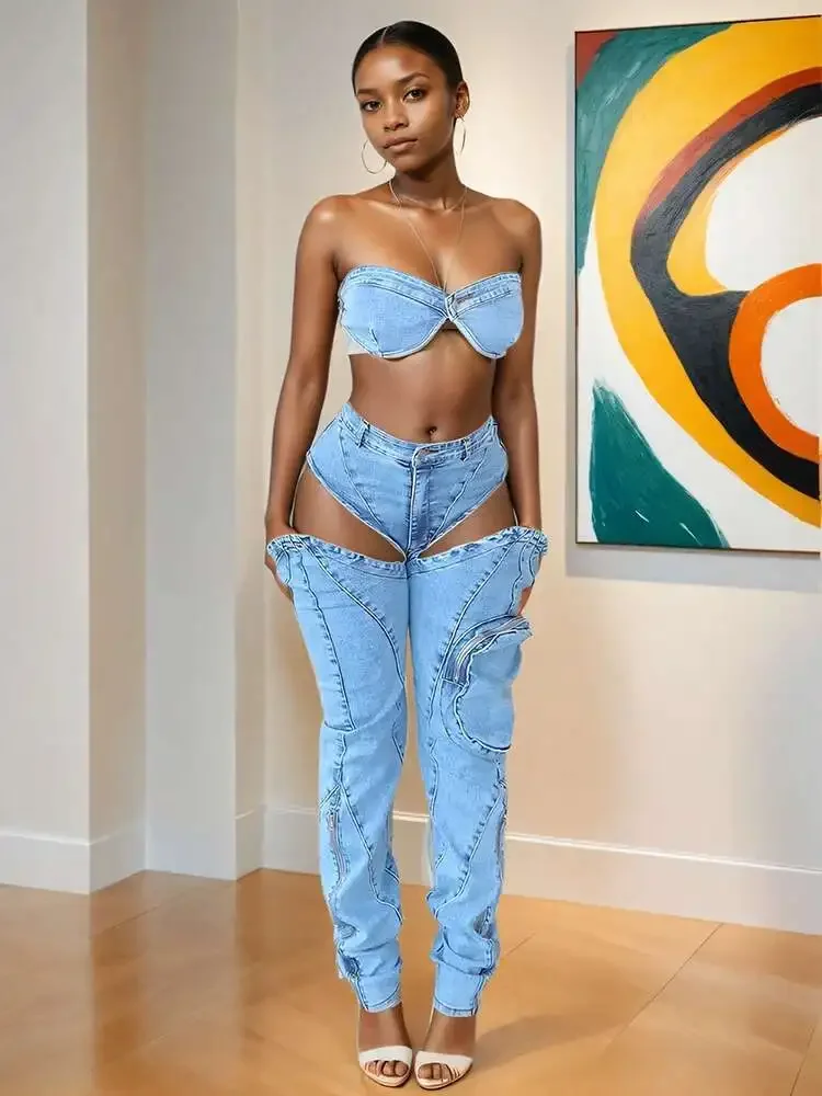 

Autumn Fashion Women Personality Set Elastic Camisole Split Zipper Three-dimensional Pocket Denim Jean Female