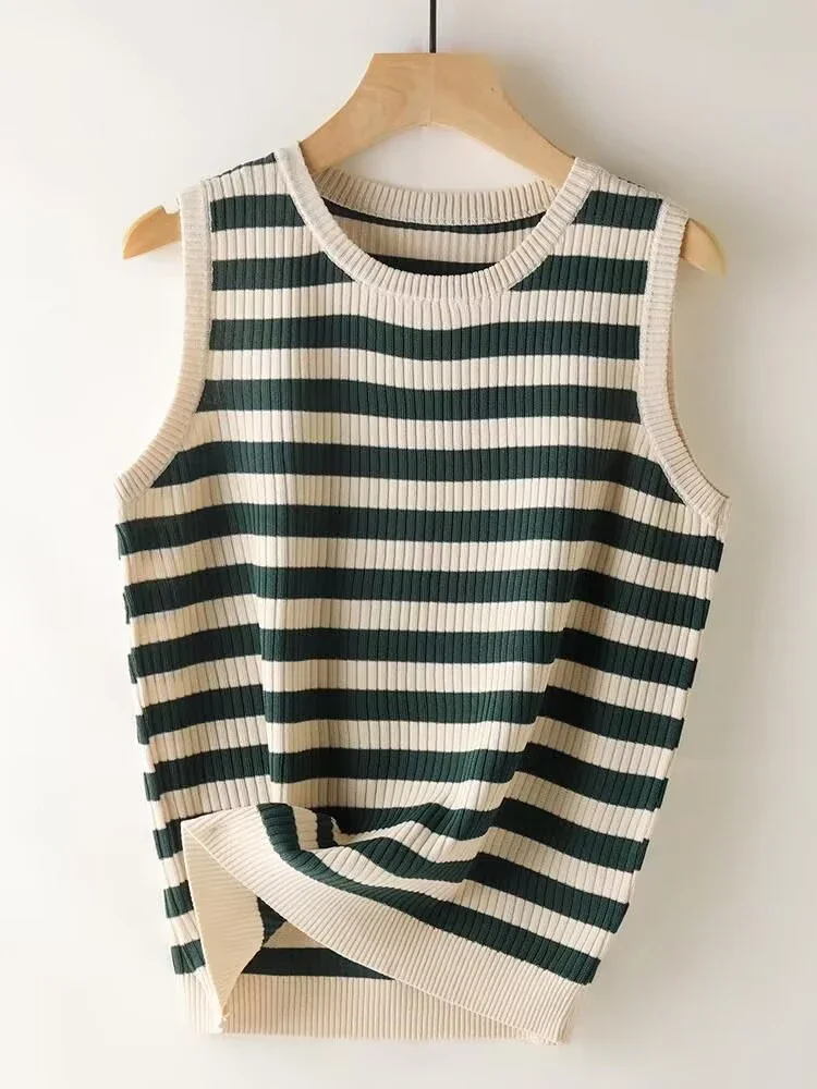 ストライプタンクソフトトップ女性の夏の服装タイトでセクシーなタンクトップニットボトムシャツとアウターウェア用ノースリーブトップ2025