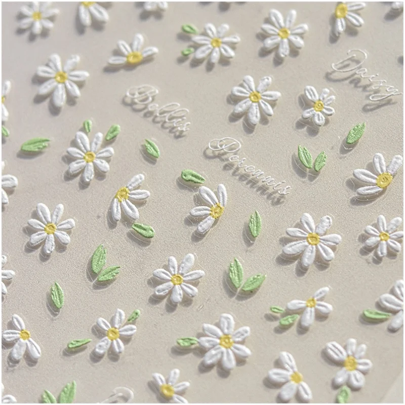 1Sheet 5D Soft Embossed Relief Nail Stickers Cute Daisies Self Adhesive Slider Stickers Press On Nails DIY Japanese Nail Art Dec