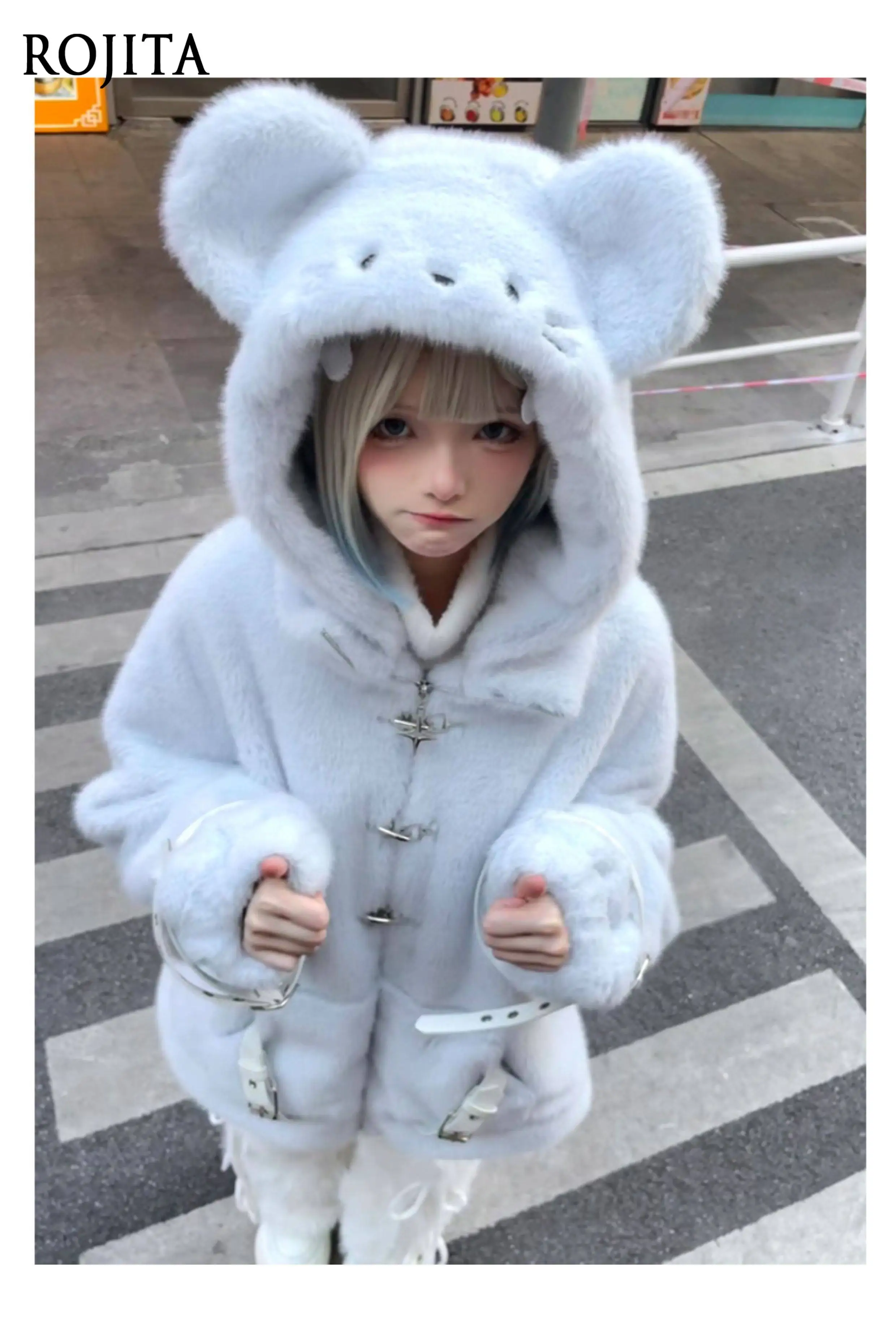

Super Cute Homebody Style Adorable Mouse Plush Coat Fluffy Overcoat Yabi Dark Punk Leather Buckle Winter Women Coat Warm
