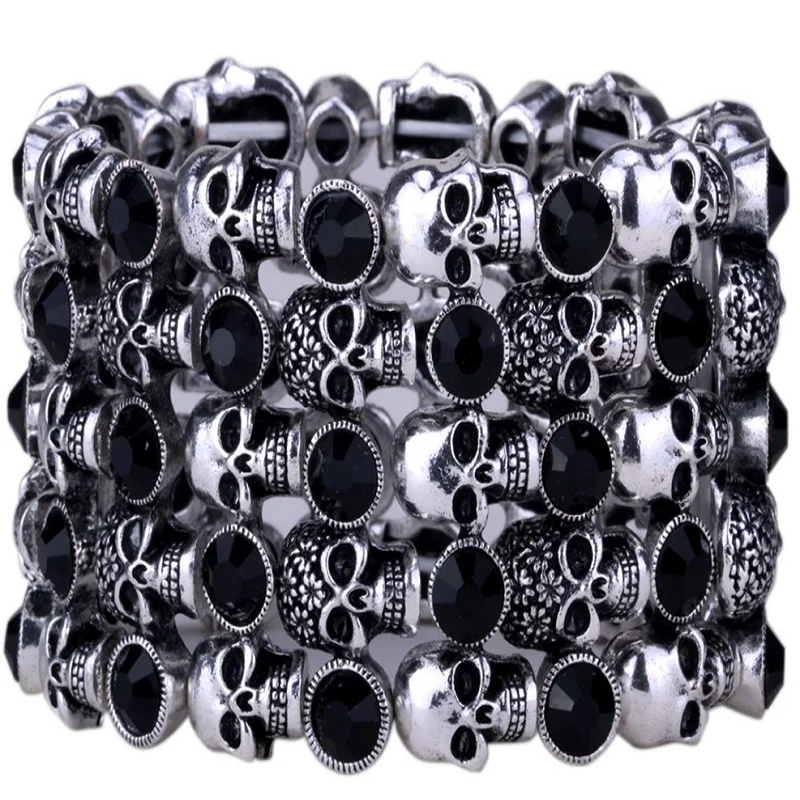 YACQ Skull Skeleton Stretch Cuff Bracelet for Women Biker Bling Crystal Jewelry Antique Silver Color Wholesale Dropshipping D07
