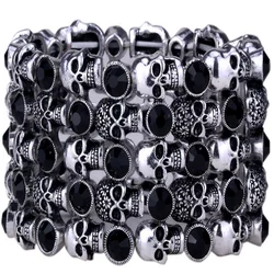 YACQ Skull Skeleton Stretch Cuff Bracelet for Women Biker Bling Crystal Jewelry Antique Silver Color Wholesale Dropshipping D07