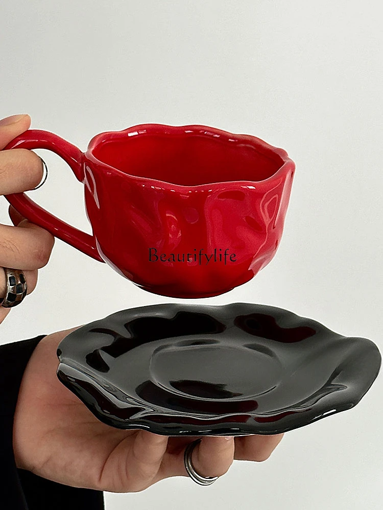 Ancient Handmade Contrasting Color of Black and Red Coffee Set Afternoon Tea Cup Niche Gift