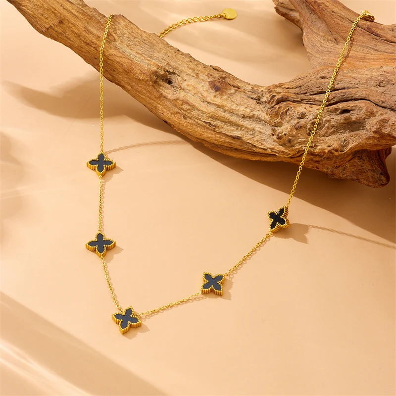 XIYANIKE 316L Stainless Steel Black White Double-Sided Cross 4-Leaf Flower Necklace For Women Creative Party Gift Clavicle Chain