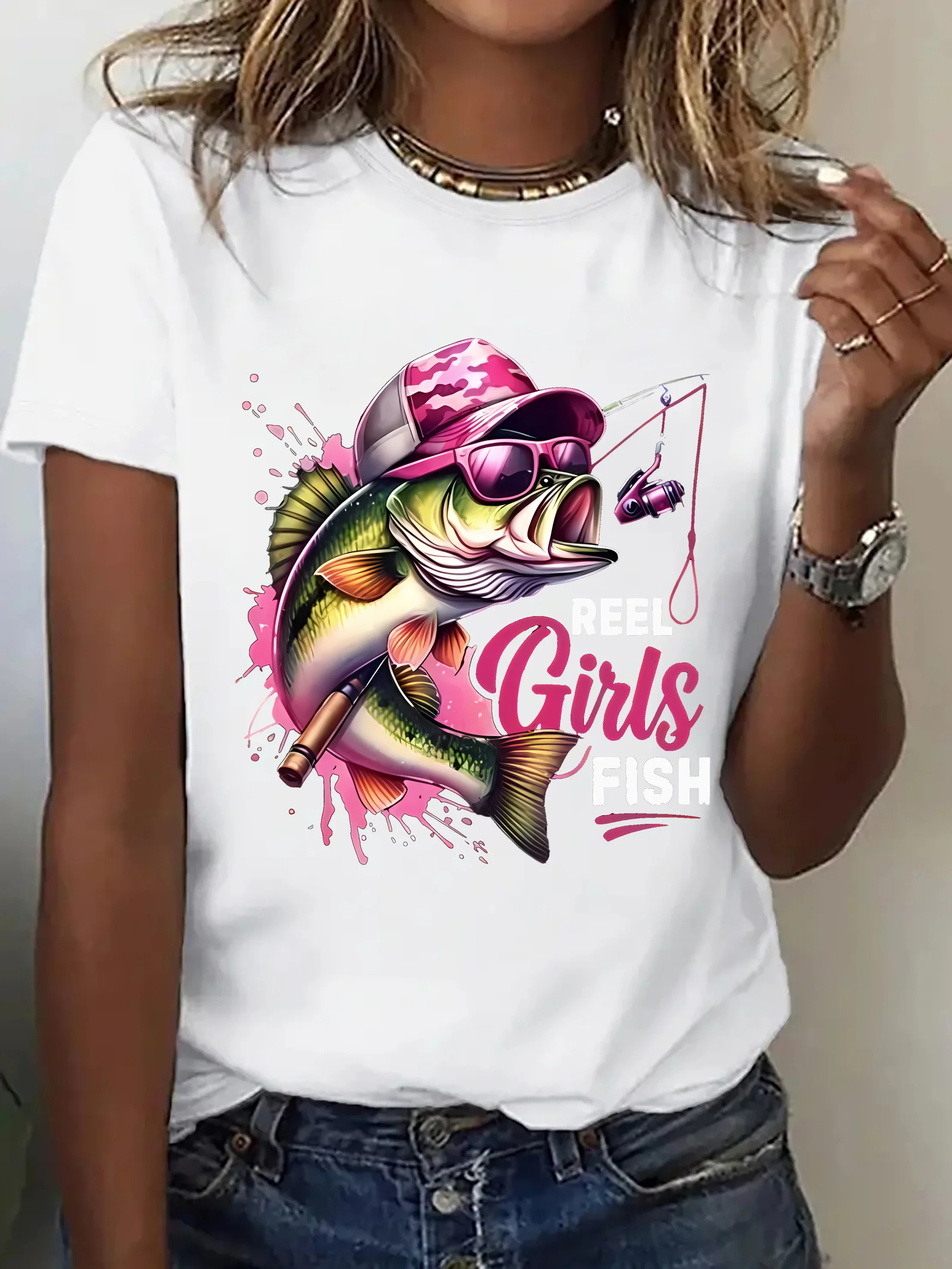 Women Crew Neck Casual Sports T‑Shirt, Cool Pink Fishing Graphic Tee, Unique Fishing Design, Comfortable All Seasons Short