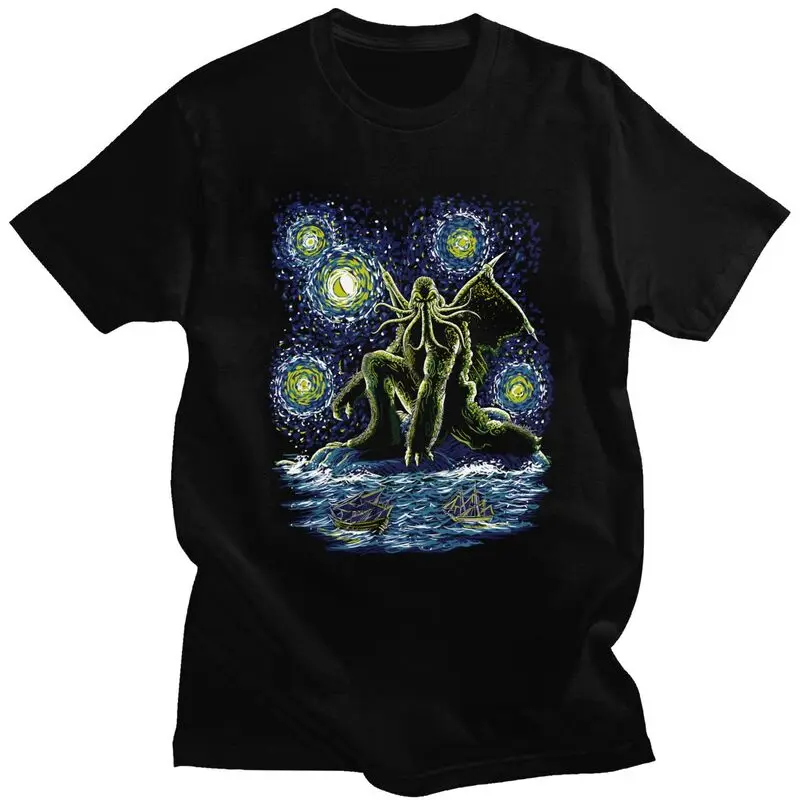 Custom Starry Night Of Cthulhu T Shirt Men Pure Cotton T-shirt Brand Designer Monster Tee Tops Fashion Tshirts
