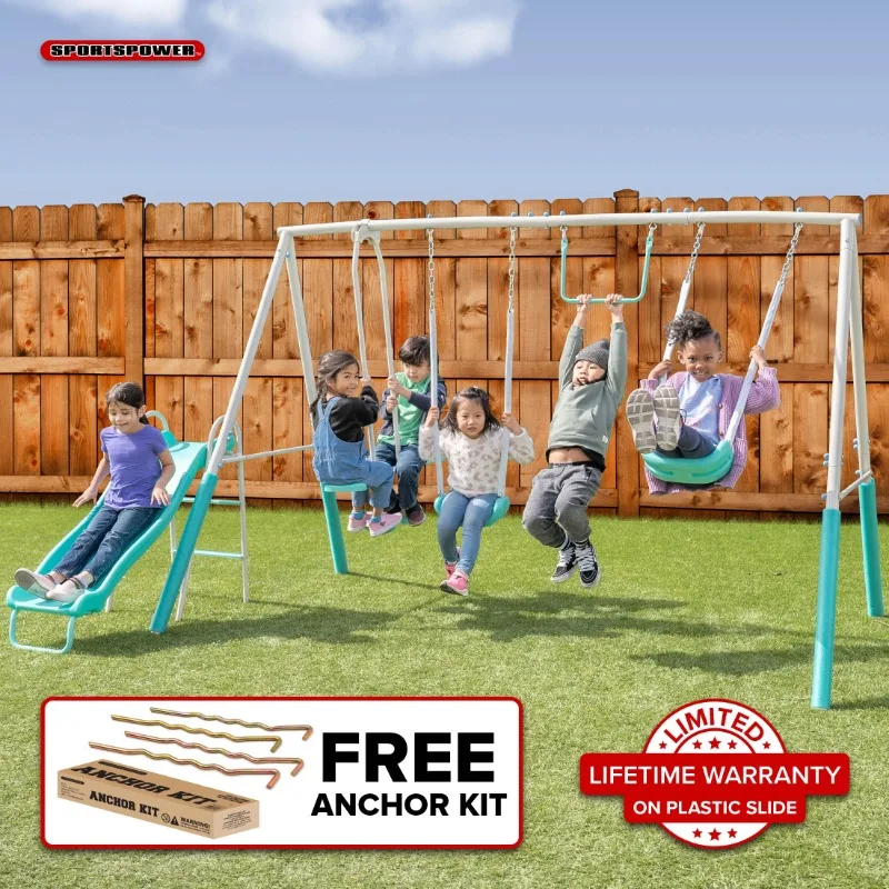 

Arcadia Metal Swing Set with Trapeze, 2 Person Glider Swing, and 5' Double Wall Slide with Lifetime, Great for Kids Age 3-8
