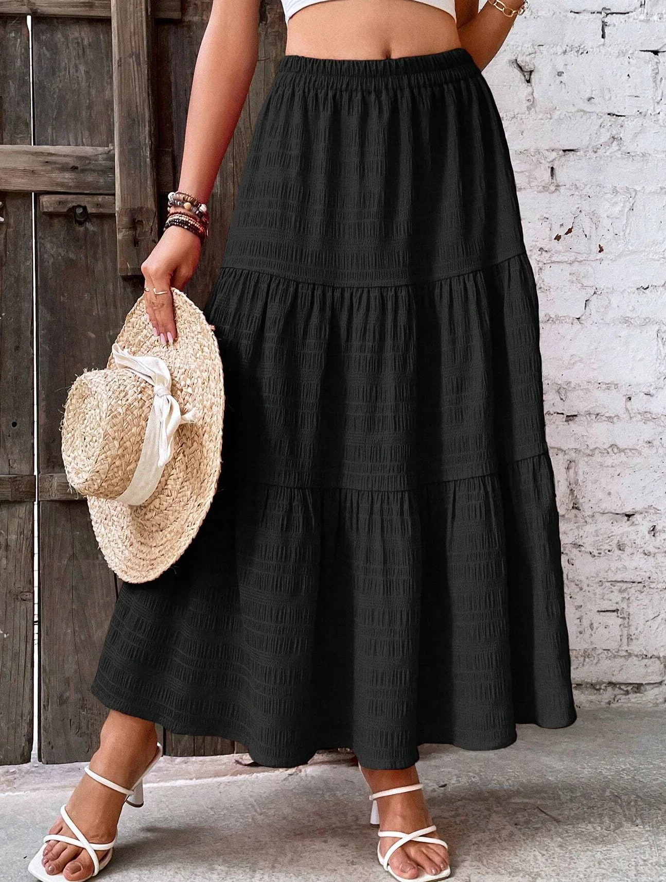 Vacation Style Solid Color Textured Flared Skirt Women's High Waist Flowery Beach Skirt Summer Casual A-Line Swing Skirt