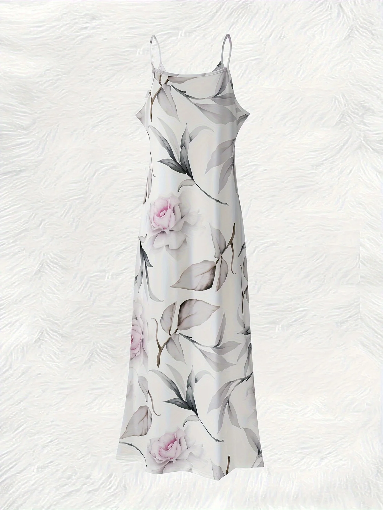 All-season Pink Roses And Leaves Pattern vacation style women's dress