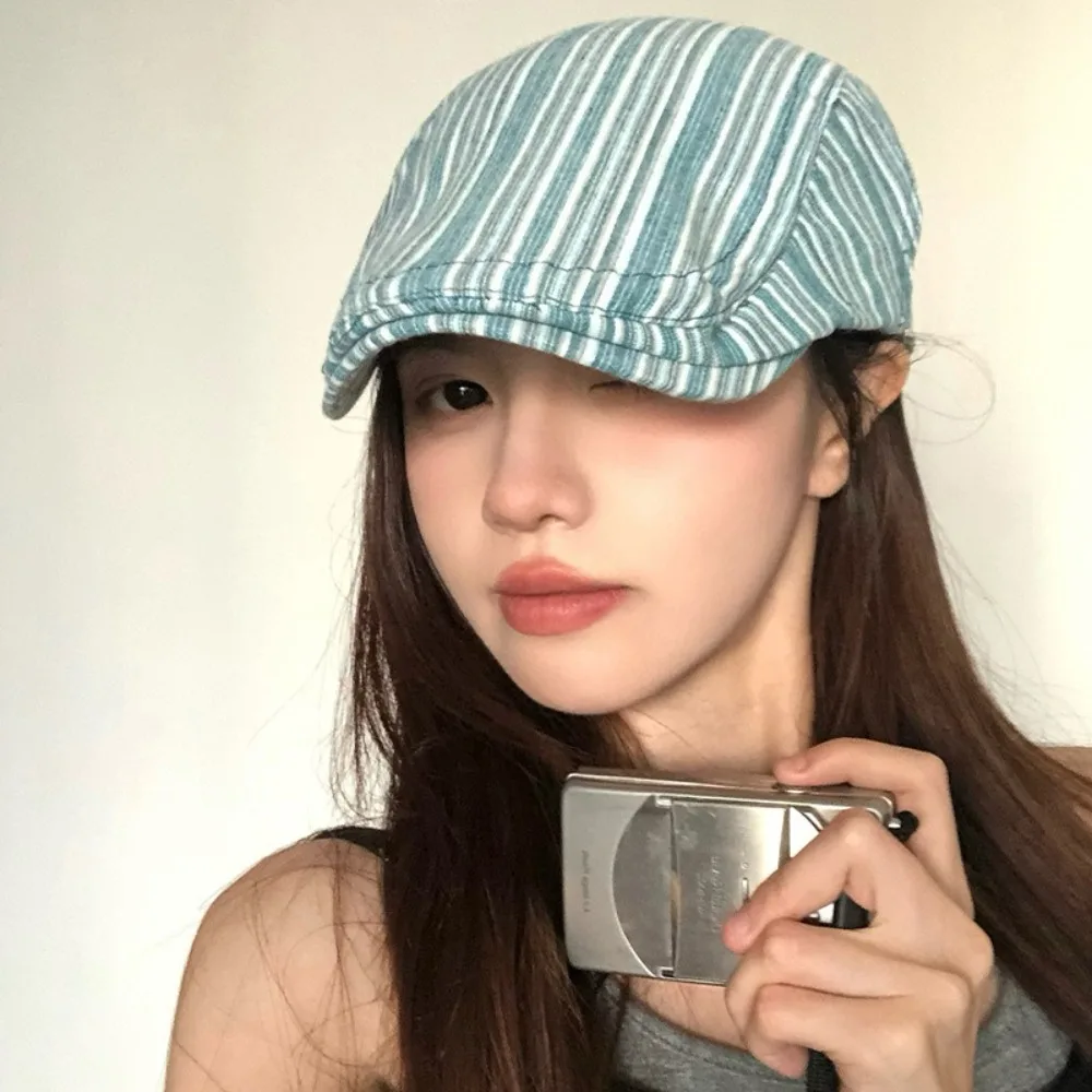 

New Vintage Newsboy Cap Striped Y2k Peaked Caps Casual Sunscreen Painter Hat Outdoor