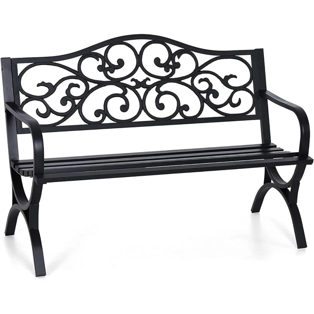 Yard & Porch Outside Benches 50-Inch Cast Iron Steel Frame Garden Bench Outdoor Patio Bench Chair W/Floral Design Backrest