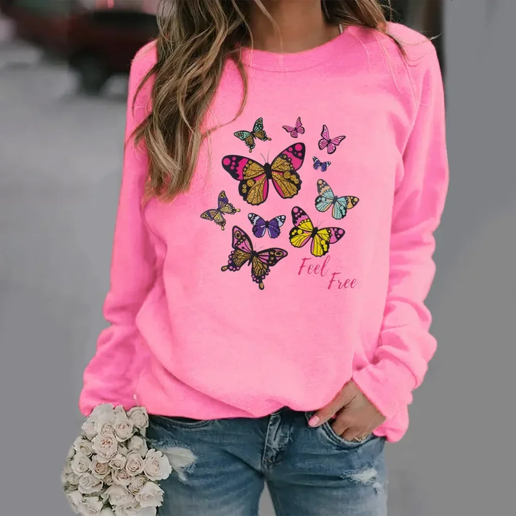 Butterfly Print Long-sleeved Crew-neck Hoodie Woman Streetwear Women  Sweatshirt  Aesthetic  Sweatshirts