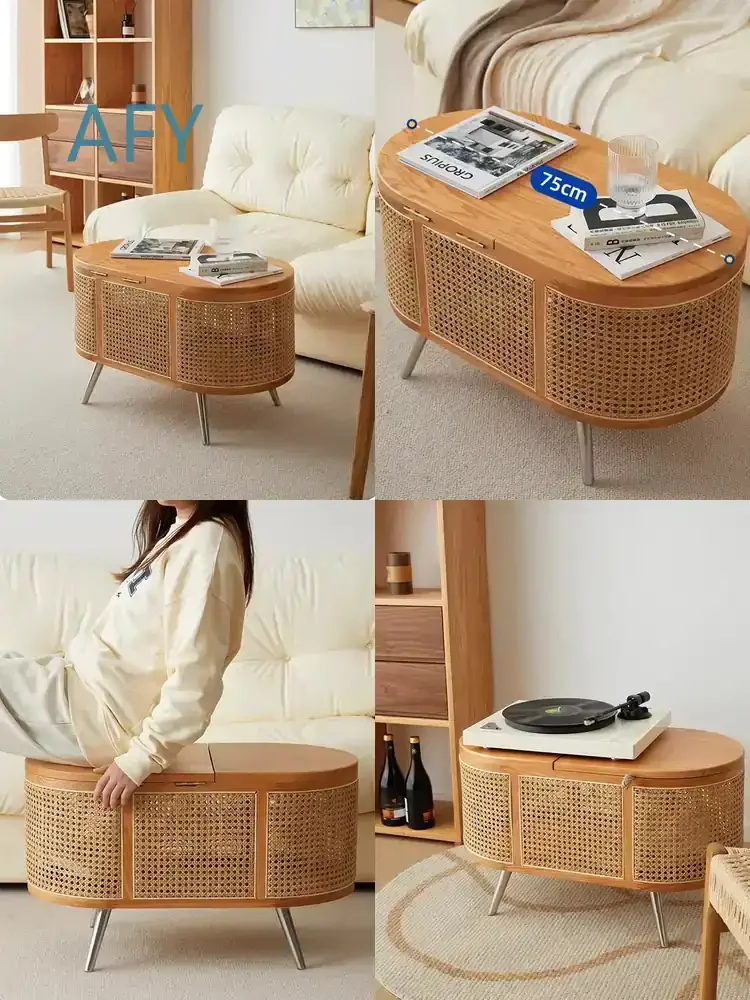 Vintage Rattan Weaving Coffee Table for Home Living Room TV Cabinet Sofa Central Storage Tea Tables Solid Wood Furniture