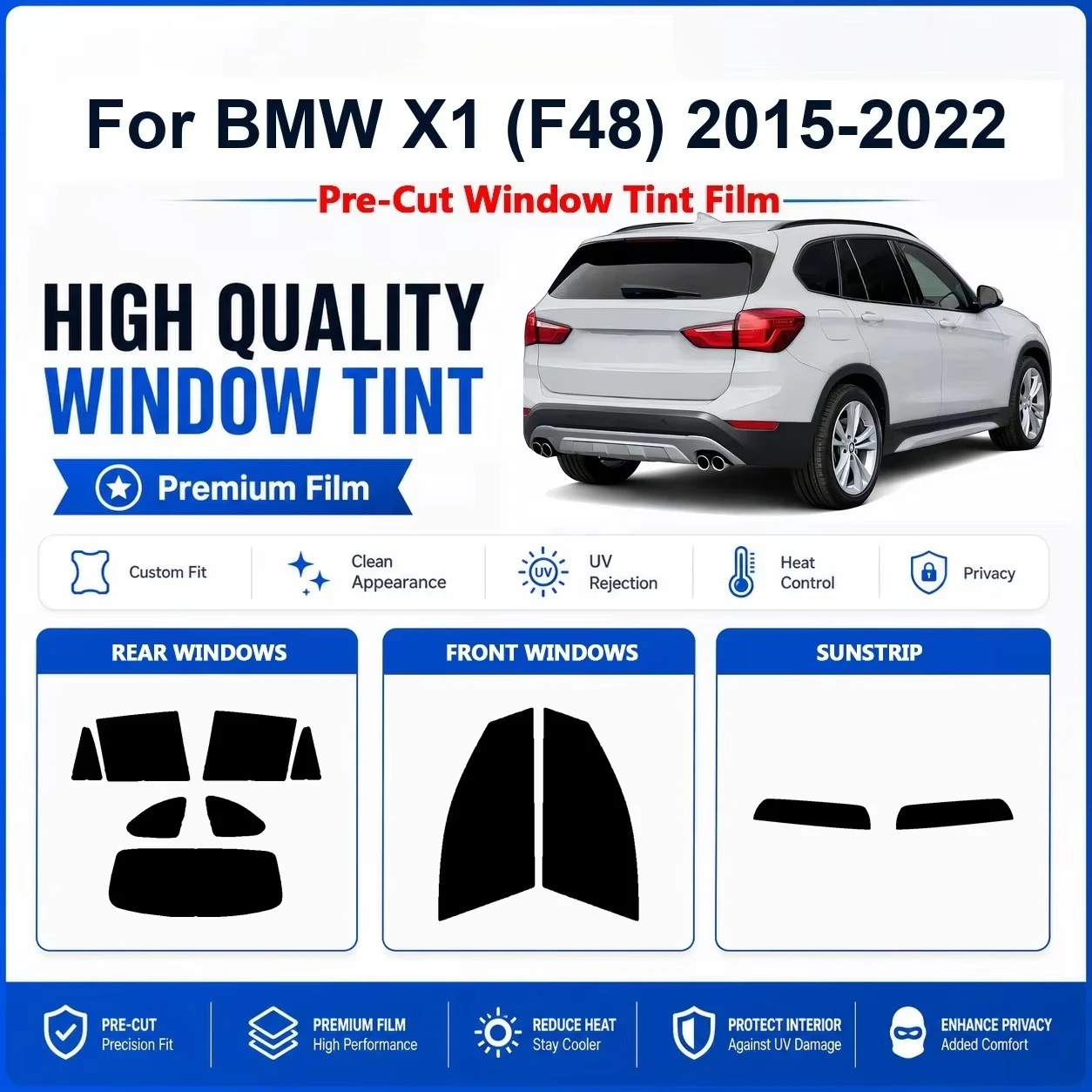 For BMW X1 (F48) 2015-2022 Front & Rear Privacy Window Film, Premium Pre-Cut Tint With UV Heat Rejection Protection for Car Use