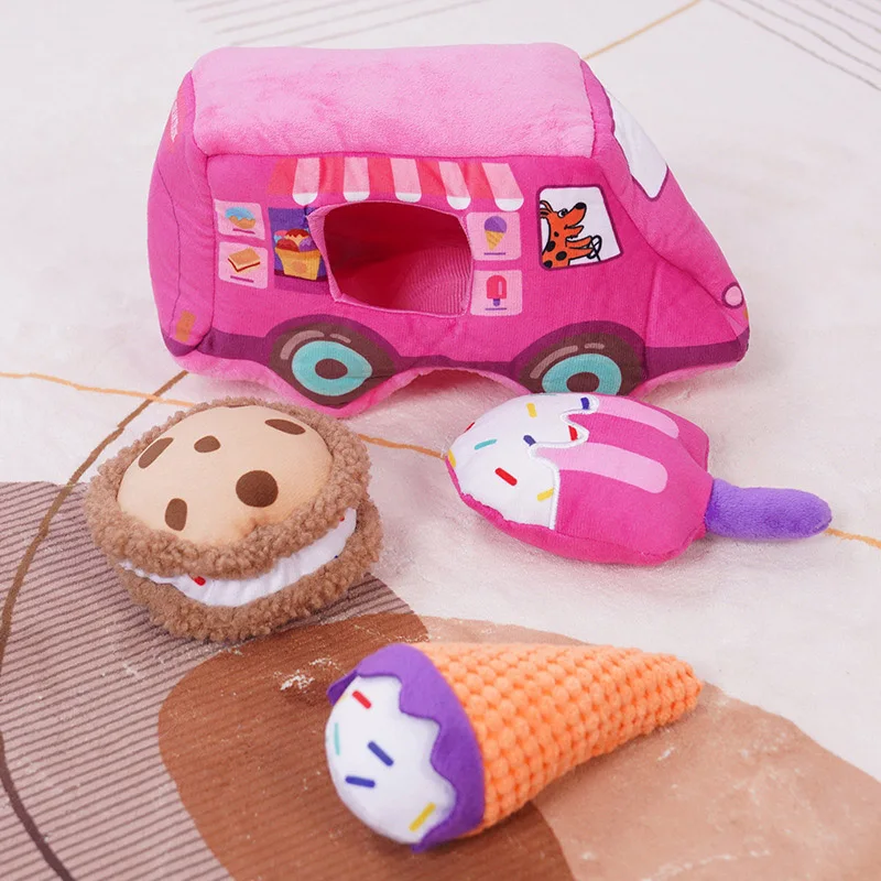 4pcs Squeaking Bite-resistant Plush Dog Toy Fun Simulated Dessert Cart Puzzle Hidden Treats Dog Chew Toy Small Dogs Accessories