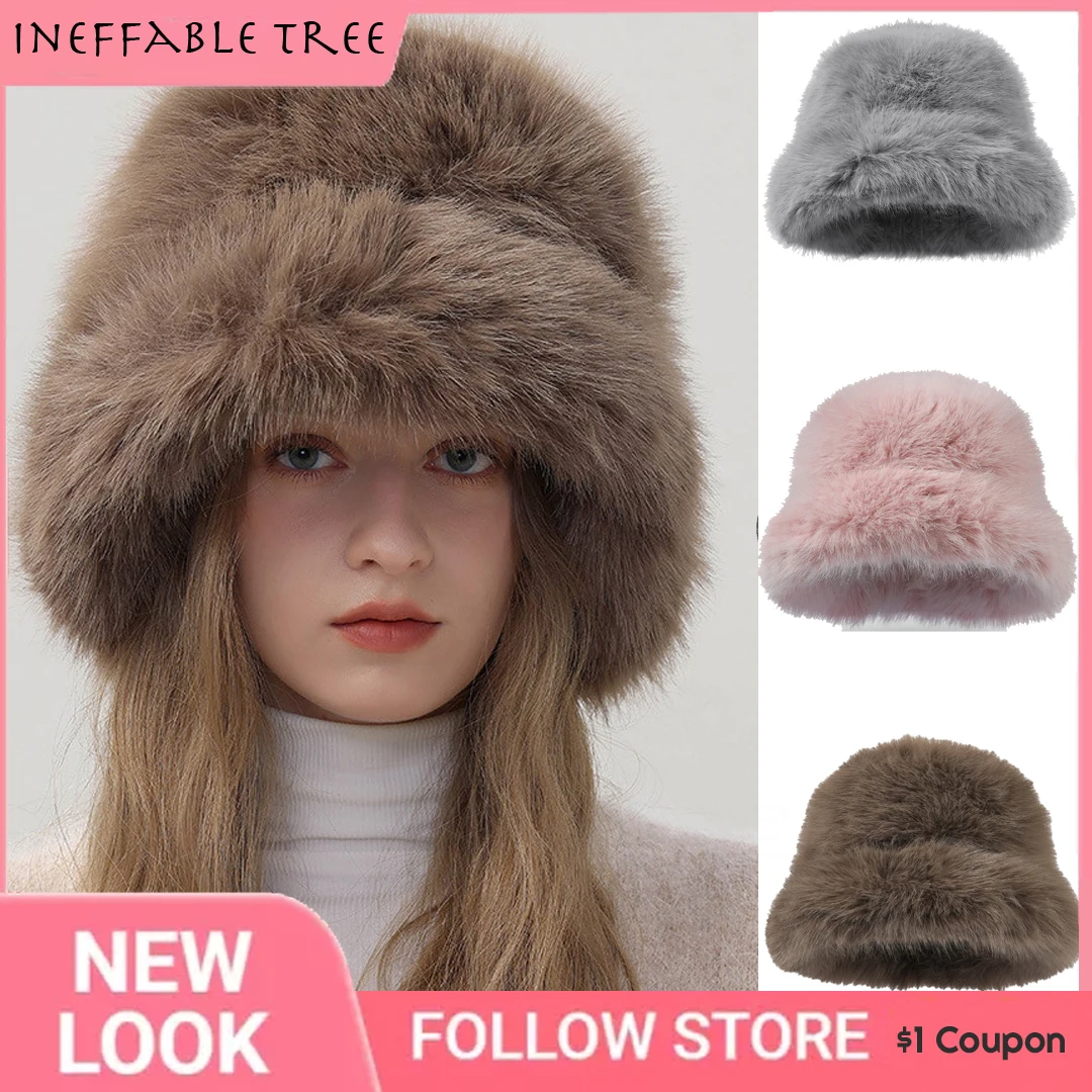 

Versatile Warm Ear Protection Thickened Furry Fisherman Hat Autumn and Winter Wide Brim Imitation Fur Plush Bucket Caps Sombrero