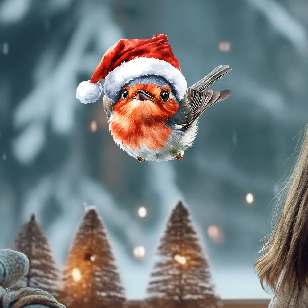 Painted Christmas Hat Bird Home Glass Window Background Decorative Wall Sticker Self-adhesive  wall decoration