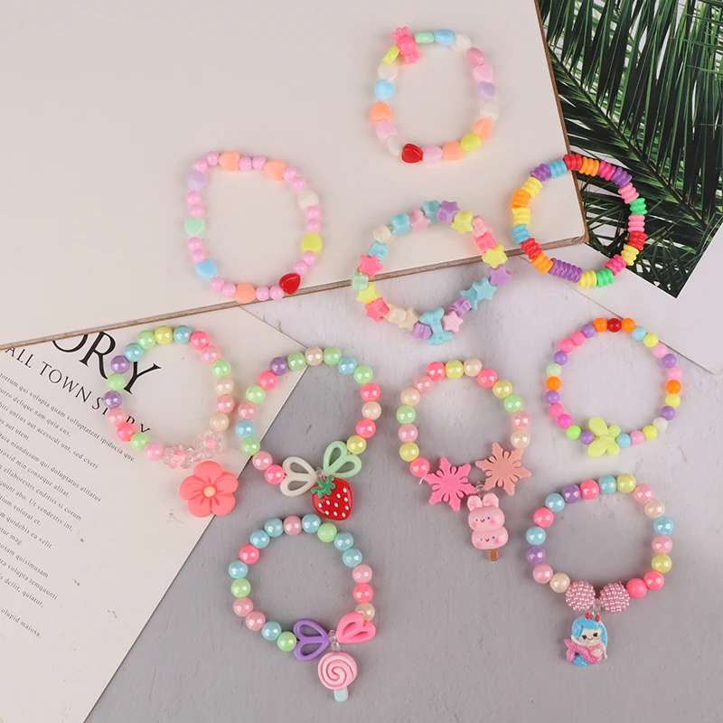 5Pcs/Set Cartoon Fruit Animal Flower Acrylic Beaded Bracelet For Kids Girls Elastic Candy Beads Bracelets Jewelry Ideal Gifts