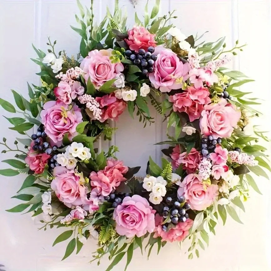 Artificial Rose Blueberry Hydrangea Spring Wreath Door Hanging Decor Home Porch Wall Flower Ornament