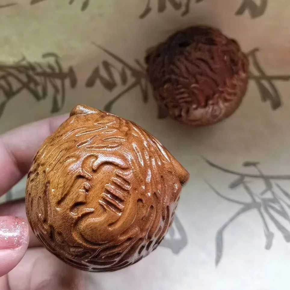 Huanghuali Wood Twelve Zodiac Health Ball with Tiger Head Carving Massage Ball Cultural Relic Fitness Solid Wood Handle Piece