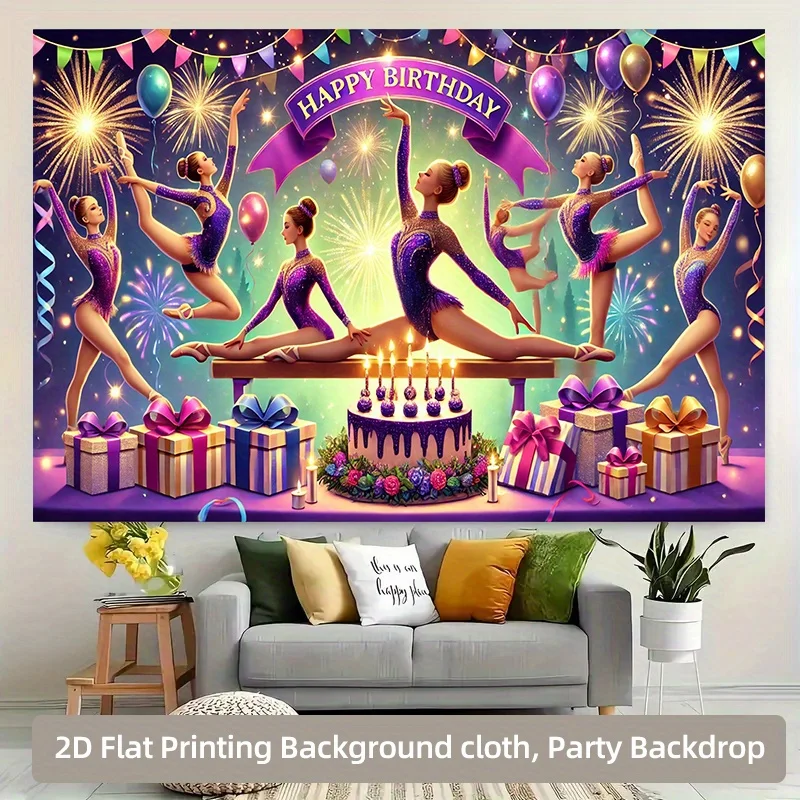 1pc Gymnastics Girls Happy Birthday Cake 2D Flat Tapestry Backdrop For Sports Party Decor Dance Theme Wall Hanging Art Print