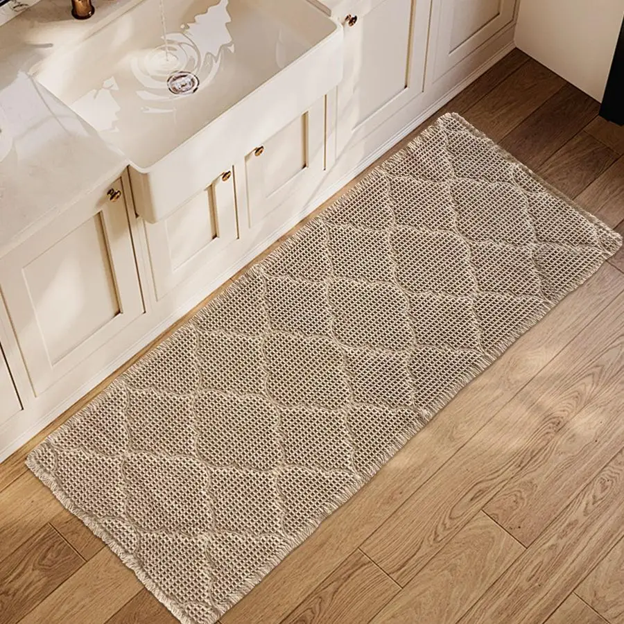 

Коврик для ванной Tan Waffle, супервпитывающий, нескользящий, коричневый, 24x72 дюйма, с геометрическим ромбовидным узором, машинная стирка, ультрамягкий.